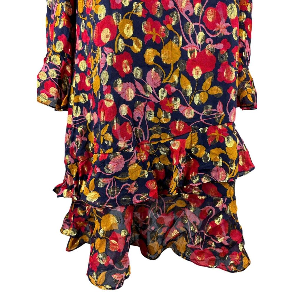 Saloni Polka Dot Marissa Mini Dress Ruffle Floral Metallic Silk Blend Size 8 - Picture 12 of 16